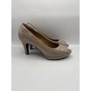 Clarks Narine Rowe Peep Toe Platform Heel Pump Women Brown Heels Size 9.5